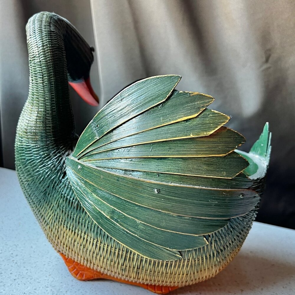Handcrafted Woven Duck Basket Green & Orange Decorative Storage Piece Natural - Picture 3 of 10